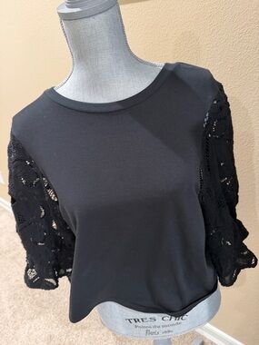 Cinq a Sept black top with lace sleeves